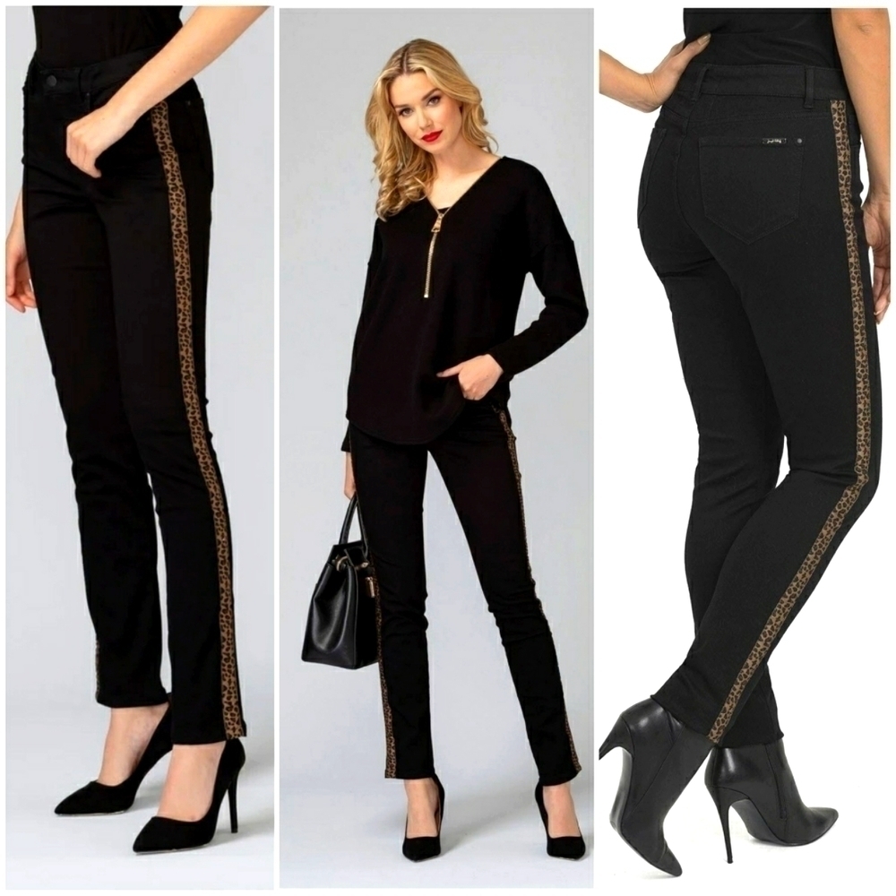 NWT WOMEN'S JOSEPH RIBKOFF  JEAN WITH LEOPARD STRIP ACCENTS  BLACK, SIZE 12